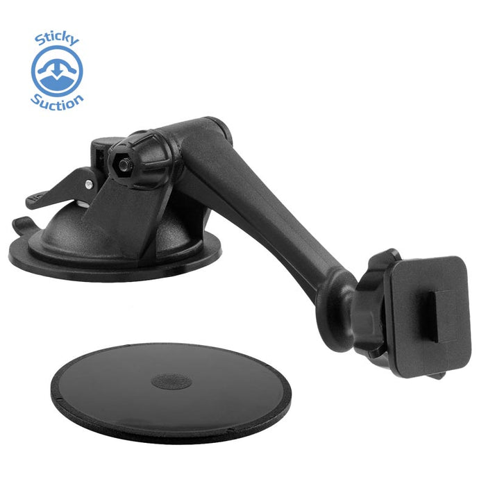The Sticky Suction Windshield or Dash Car Mount for XM Satellite Radio and Single-T Holders features a black sticky suction base with an articulating arm, a separate adhesive pad, and a blue circular Sticky Suction logo at the top left.