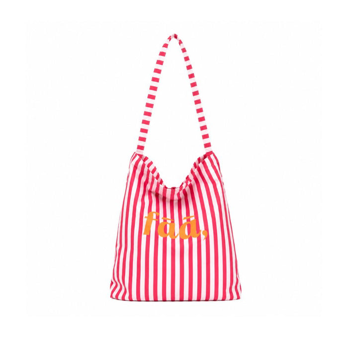 Red and white striped bag with 'fao' text on a white background