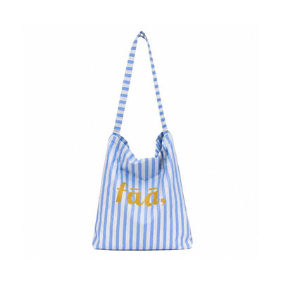 Blue and white striped bag with 'fäa' text on a white background