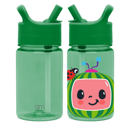 Two mint green water bottles with flip-top caps side-by-side on white background. Left bottle is plain with SM logo. Right bottle details not fully visible in description.