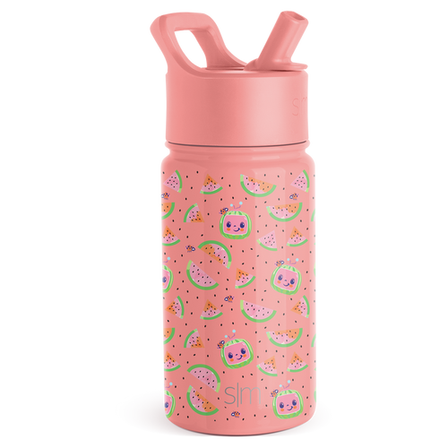 Soft coral pink water bottle with lid and handle assembly, lower portion decorated with pattern design