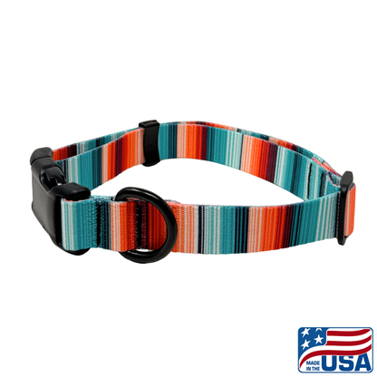 Colorful striped dog collar with black hardware on a white background, featuring 'Made in the USA' label.