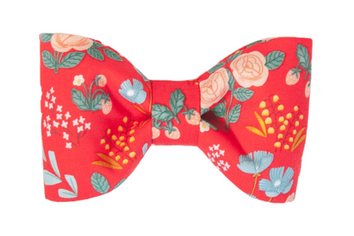 A bold dog bow tie in bright red, featuring a lively floral print with soft accents—perfect for pups who love to bloom in style.