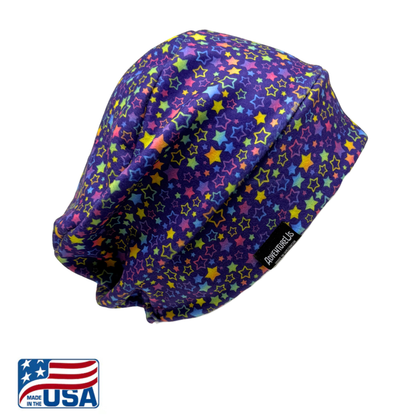 AdventureUs slouchy hat in purple with rainbow star print, ultra soft  Polartec® fleece, USA made
