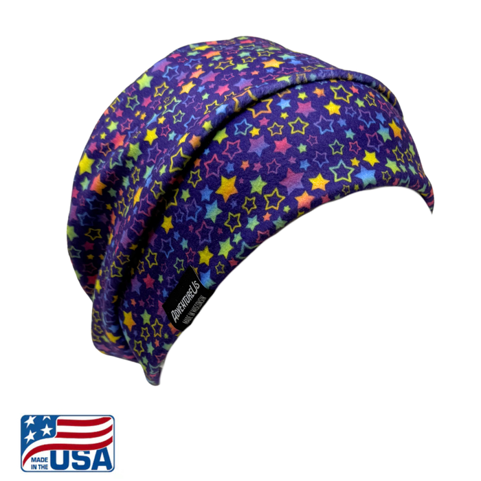 AdventureUs slouchy hat in purple with rainbow star print, ultra soft  Polartec® fleece, USA made