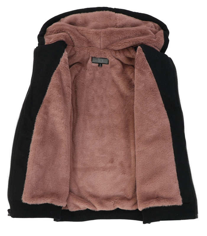 T.O. Adult's Black Fully Lined Fur Hoodie -Mauve Fur