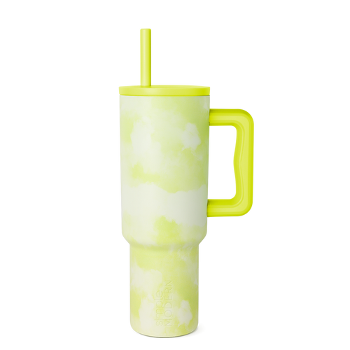 Lime green and white tie-dye pattern tumbler with neon green bold blocks and organic shapes on cream background
