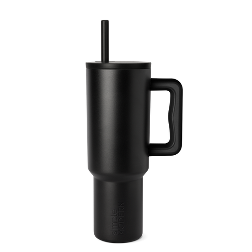 Matte black tumbler with gray tonal variations on white background