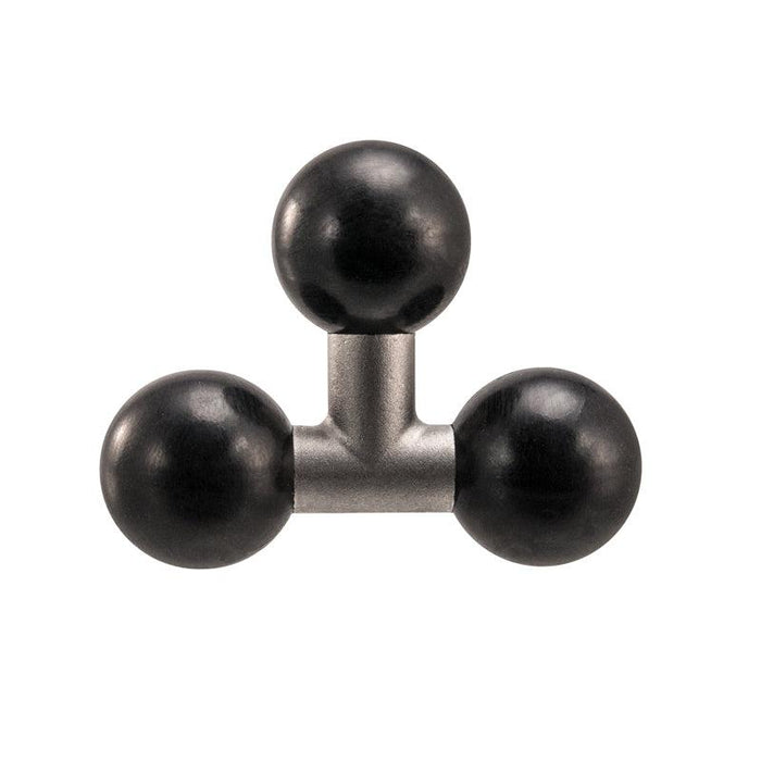 The Triple 25mm (1 inch) Ball Adapter is a metal connector from the Arkon Robust Series with three black spherical knobs, creating a Y-shaped or elbow joint triple ball mount.