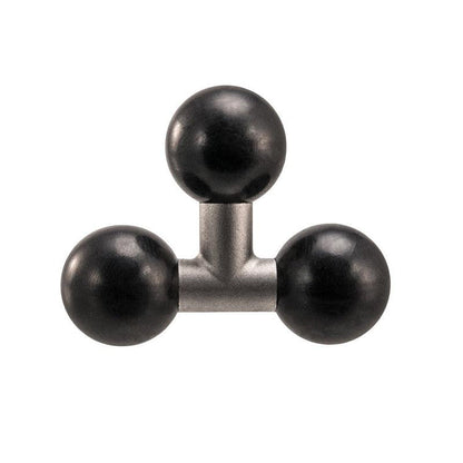 The Triple 25mm (1 inch) Ball Adapter is a metal connector from the Arkon Robust Series with three black spherical knobs, creating a Y-shaped or elbow joint triple ball mount.
