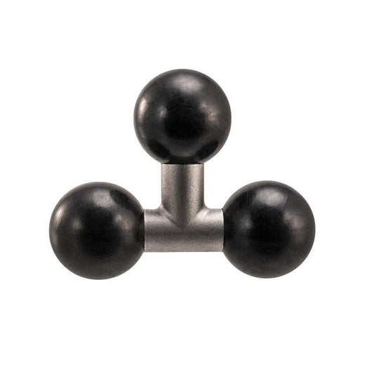 The Triple 25mm (1 inch) Ball Adapter is a metal connector from the Arkon Robust Series with three black spherical knobs, creating a Y-shaped or elbow joint triple ball mount.