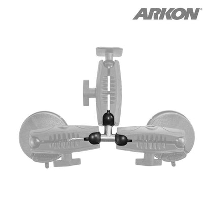 A black and white image displays multiple angles of the Triple 25mm (1 inch) Ball Adapter with adjustable arms and dual suction bases, featuring the Arkon logo in the top right corner.