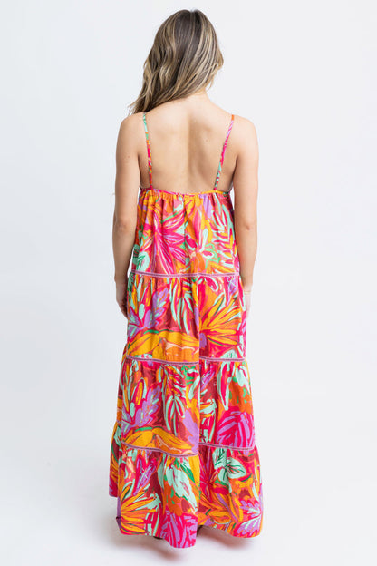 Tropical Blooms Halter Tier Maxi Dress