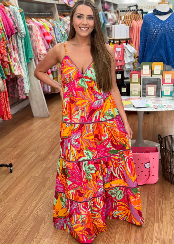 Tropical Blooms Halter Tier Maxi Dress