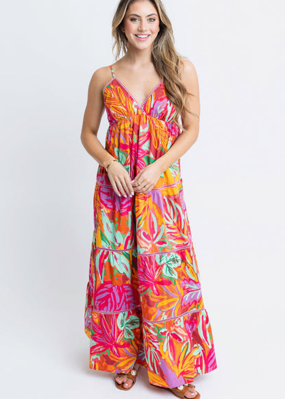 Tropical Blooms Halter Tier Maxi Dress