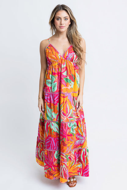 Tropical Blooms Halter Tier Maxi Dress