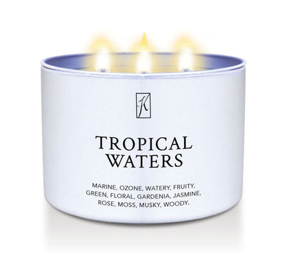 Tropical Waters candle in a white tin  container with a logo on a white background by Kringle Candle.