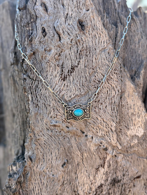 Turquoise Belt Buckle Paperclip Chain Necklace