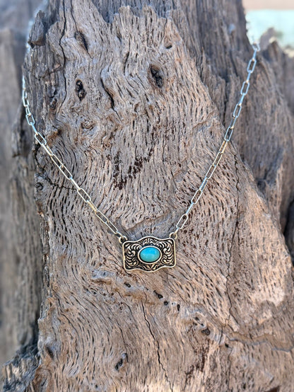 Turquoise Belt Buckle Paperclip Chain Necklace
