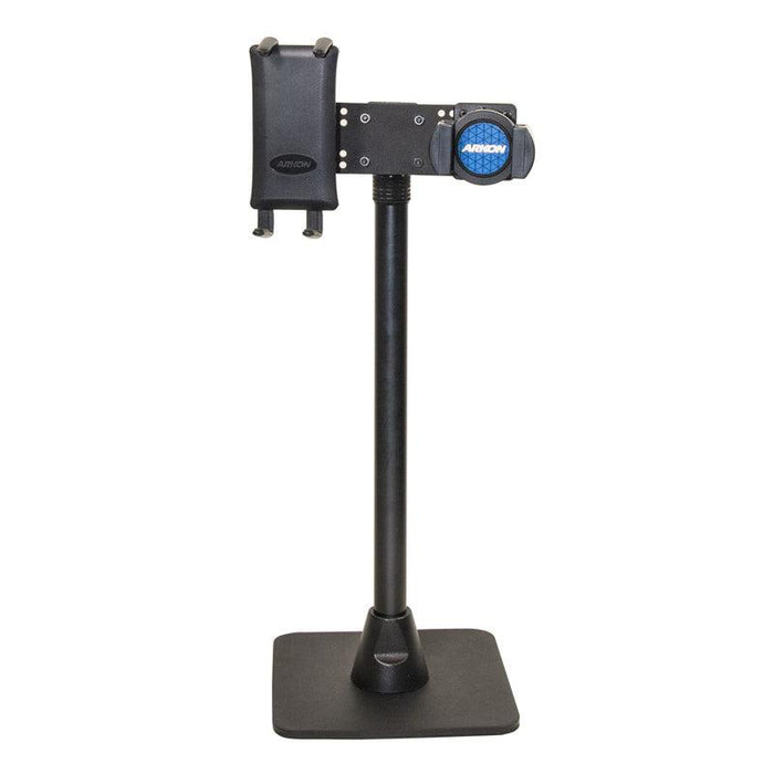 The TW Broadcaster Combo Slim-Grip® Ultra 29-inch Stand Holder for Live Streaming is a black, adjustable metal stand with a sturdy square base, blue-labeled top mount, and knobs for easy device positioning.