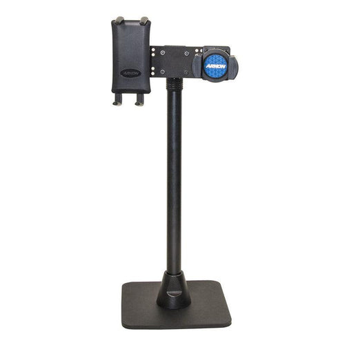 The TW Broadcaster Combo Slim-Grip® Ultra 29-inch Stand Holder for Live Streaming is a black, adjustable metal stand with a sturdy square base, blue-labeled top mount, and knobs for easy device positioning.