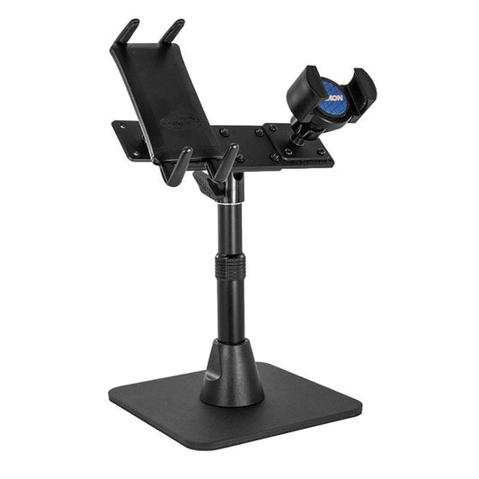 The TW Broadcaster Combo Stand features a black adjustable metal design with a flat square base and both Slim-Grip® Ultra and RoadVise® holders to mount tablets or phones side by side for live streaming.