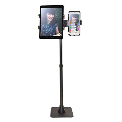 The TW Broadcaster Dual Slim-Grip® Tablet and RoadVise® Phone 29-inch Stand Holder securely displays your tablet and phone side by side—a great live streaming setup for showing video on one device and chat or livestream interface on the other.