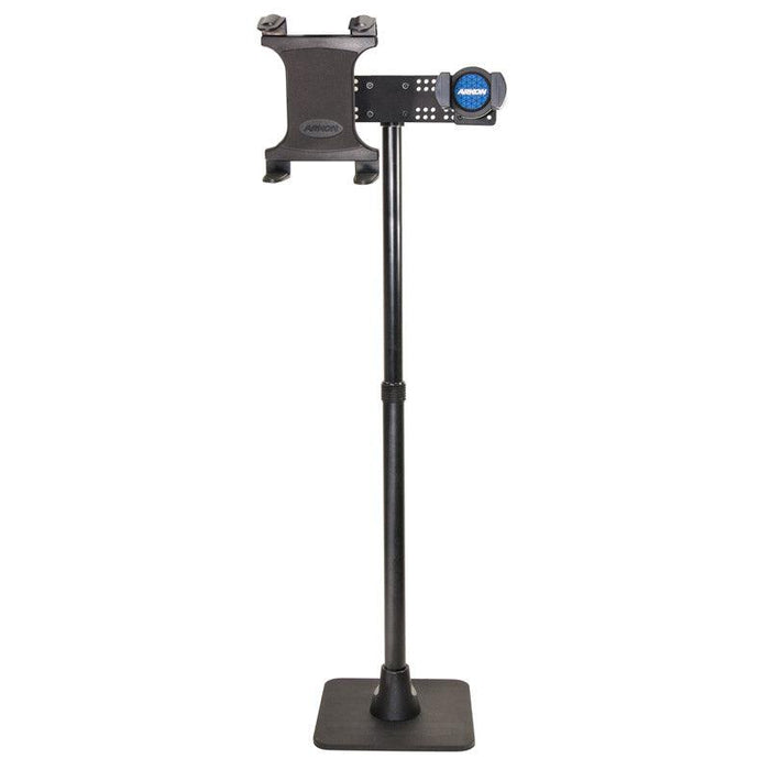The TW Broadcaster Dual Stand is a 29-inch countertop or desk holder with Slim-Grip® Tablet and RoadVise® Phone mounts, ideal for hands-free live streaming and supporting electronic devices securely on a sturdy base.