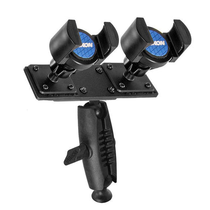 The TW Broadcaster Pro - Side-by-Side RoadVise® Tripod Mount features black dual adjustable clamps with a secure locking mechanism on a sturdy base, blue “KON” branding, and is ideal for live streaming on Facebook Live.