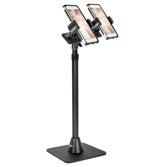 The TW Broadcaster Pro Dual RoadVise® Phone Desk Mount is a 29-inch black stand with a square base that holds two smartphones side by side, ideal for content creators who need hands-free live streaming or video recording.