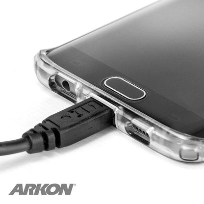 Close-up of a smartphone in a clear case being charged with the USB to Micro USB Cable for Android Smartphones and Other Devices. The ARKON logo is visible in the lower left corner.
