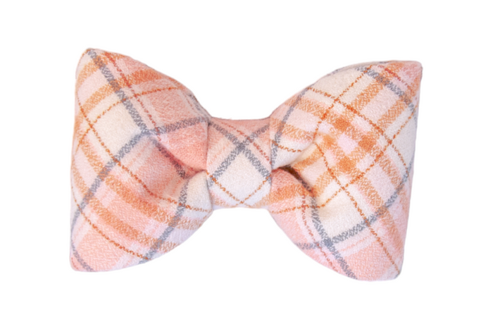 Perfect for cozy days, this flannel plaid dog bow tie in gentle peach and cream tones is a must-have Fall and Winter accessory.