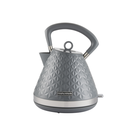 A gray Vector Pyramid style electric kettle with a 3D patterned finish and a 360° base.