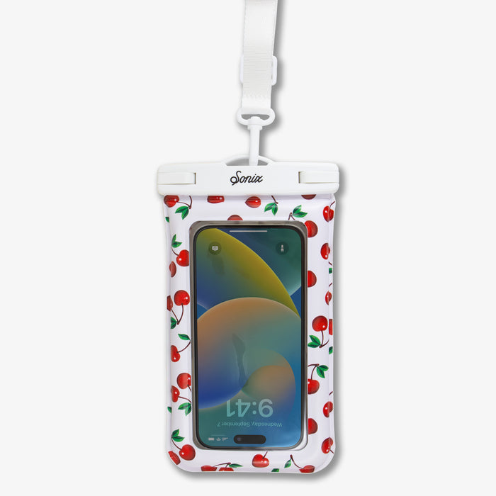 Front view of Waterproof Phone Pouch, Cherry on Top print, clear touchscreen window, white Sonix clamp and lanyard