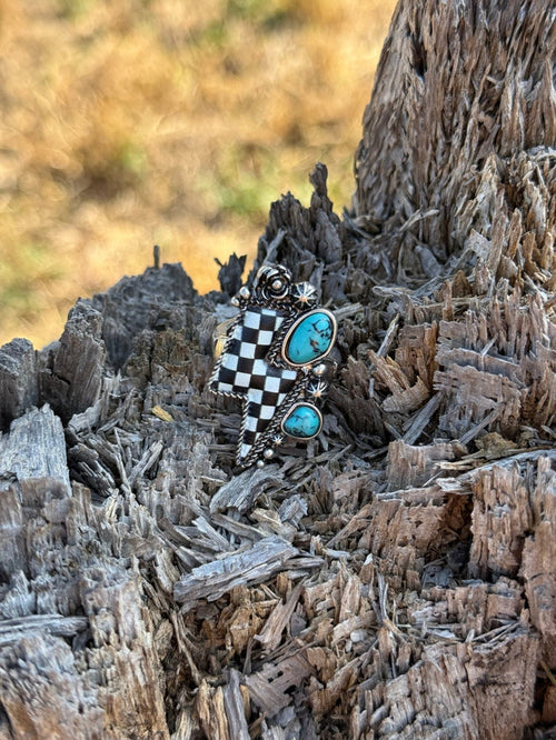 Western Turquoise Checkered Lightning Ring