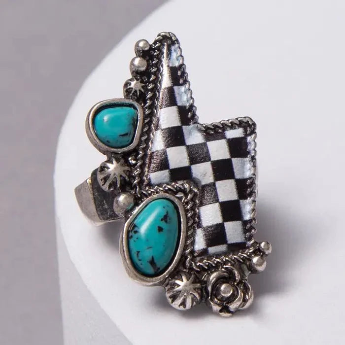 Western Turquoise Checkered Lightning Ring