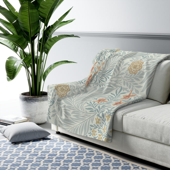 William Morris Larkspur Blue Peach Fleece Lined Blanket