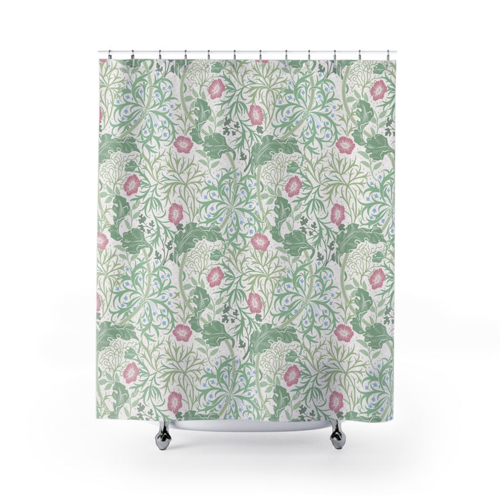 William Morris Shower Curtain Seaweed Mint Green & Rose Pink
