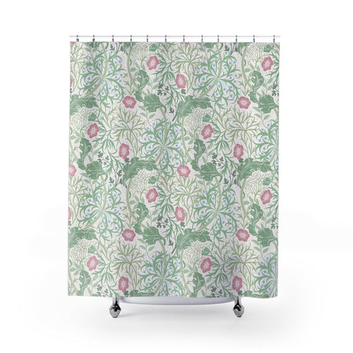 William Morris Shower Curtain Seaweed Mint Green & Rose Pink