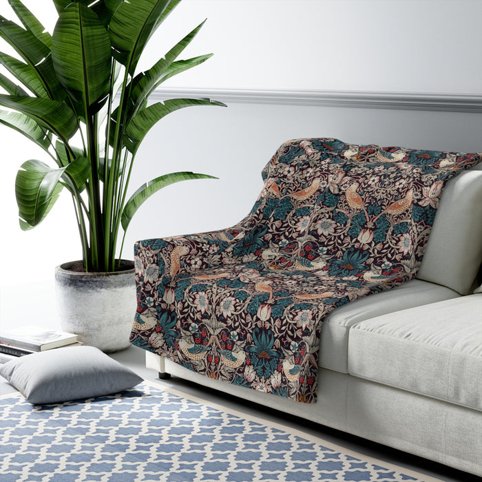 William Morris Strawberry Thief Mulberry Fleece Lined Blanket