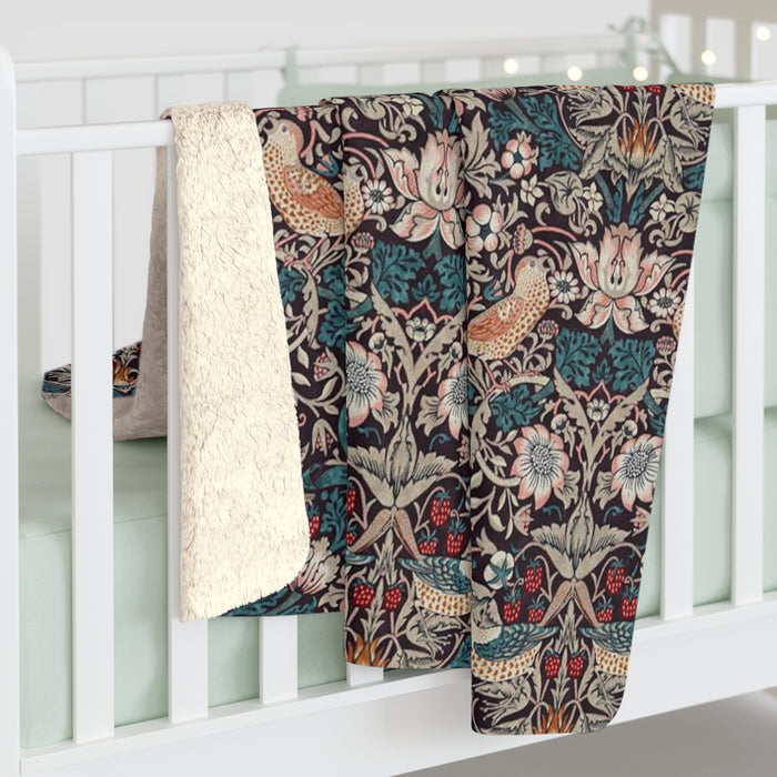 William Morris Strawberry Thief Mulberry Fleece Lined Blanket