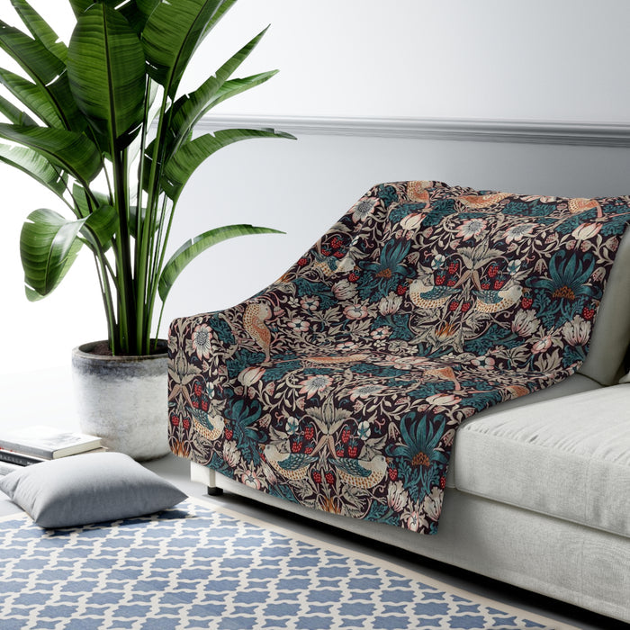 William Morris Strawberry Thief Mulberry Fleece Lined Blanket