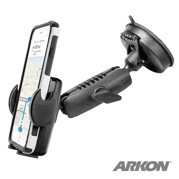 The Windshield Suction Phone Mount for Mega Grip™ securely holds a smartphone displaying map navigation, shown at an angle on a white background with the Arkon logo in the corner.
