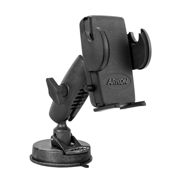 The Windshield Suction Phone Mount for Mega Grip™ securely holds your device on flat surfaces like a car dashboard or windshield, featuring adjustable arms and a strong suction cup base in black.