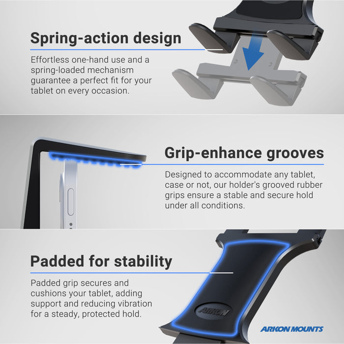 Infographic highlighting Windshield Suction Slim-Grip® Tablet Mount: spring-action for easy use, grip-enhance grooves for stability, and padded grip for support and less vibration. Perfect for windshield suction setups.