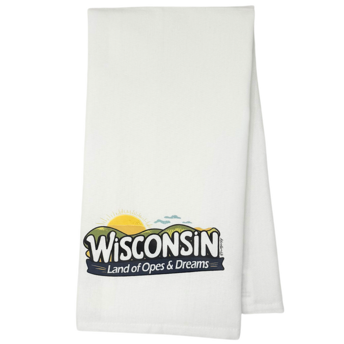 One 28" x 20" towel
design with Wisconsin Land of Opes and Dreams
Proudly designed and printed in Washburn, WI, USA