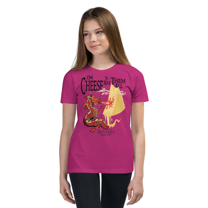 Youth short sleeve t-shirt with "One Cheese to Rule them All" design in vibrant colors.