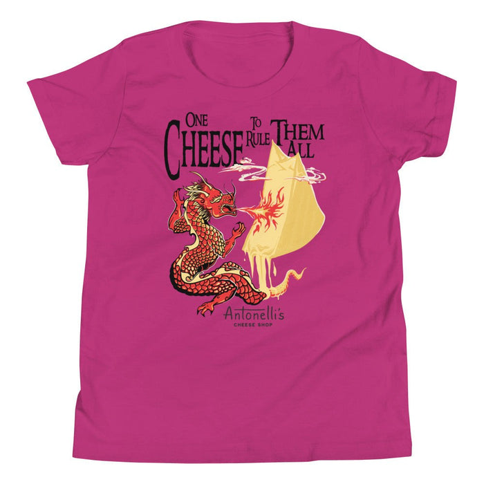 Youth short sleeve t-shirt featuring "One Cheese to Rule Them All" design with dragon graphic on magenta fabric.