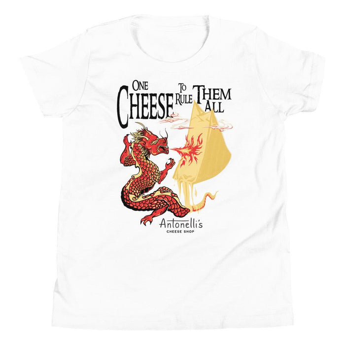 Youth short sleeve t-shirt "One Cheese to Rule them All" with a dragon and cheese graphic.