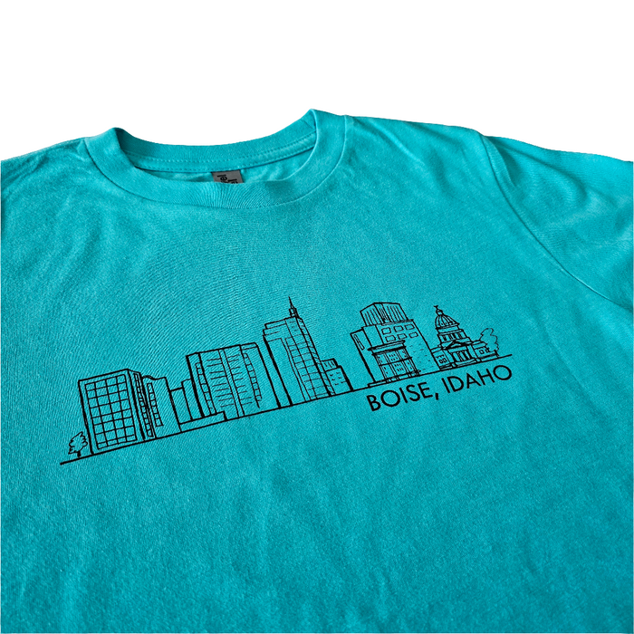 Youth Boise Skyline Aqua T-Shirt, Eco Friendly Water based inks